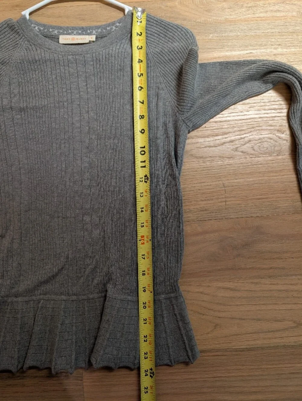 Tory Burch Gray Ribbed Crewneck Cashmere Blend Sweater with Peplum Hem